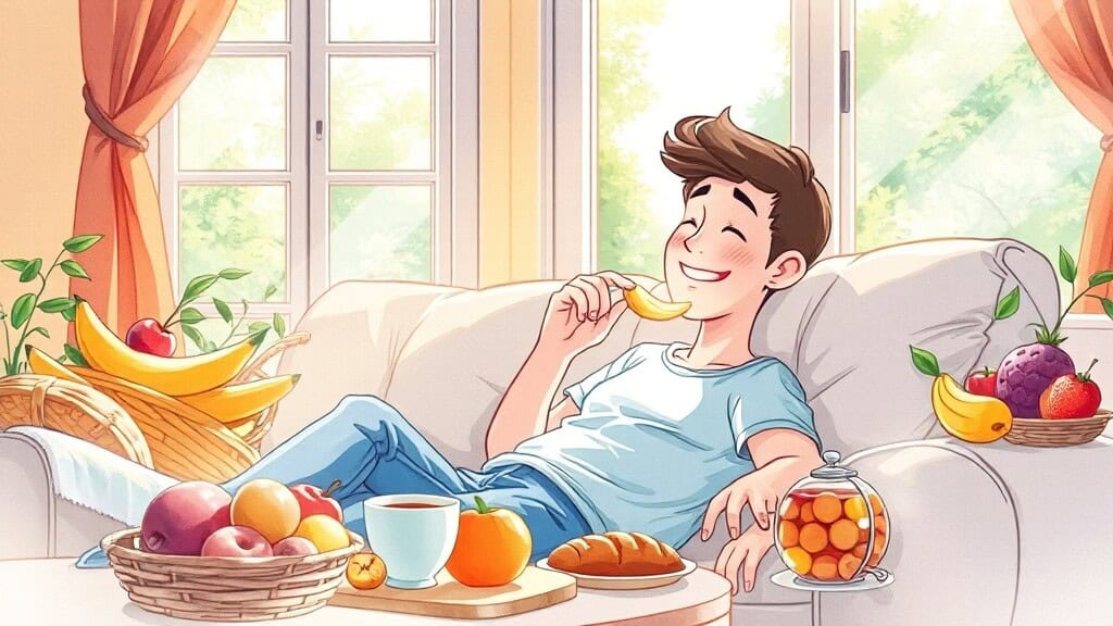 소화불량 완화를 위한 식습관과 생활 팁 (illustration 스타일)