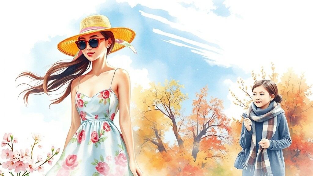 계절별 자외선 차단 전략 (watercolor 스타일)